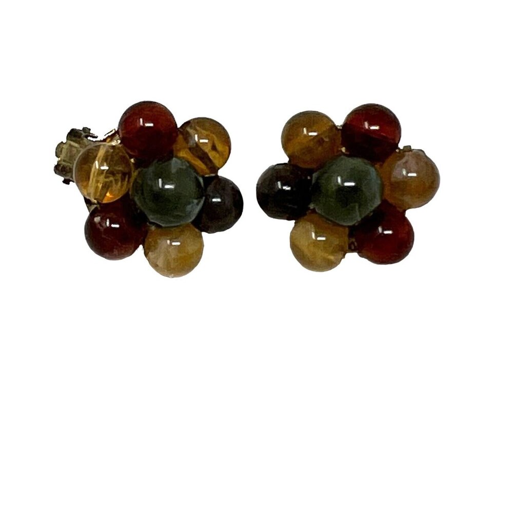 Vintage Clip On‎ Earrings Beaded Button Green Orange Lucite Beaded